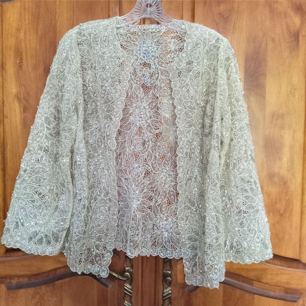 Vintage Beaded Silk Lace Evening Jacket M L Sequins Sheer Cream Silver Wedding
